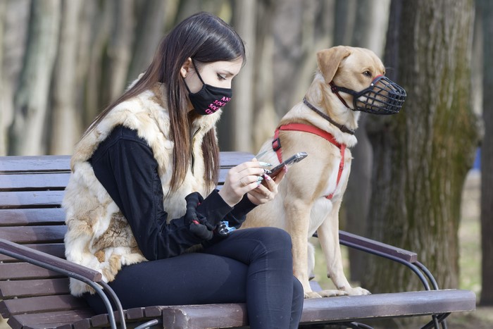Woman and dog wearing mask on bench