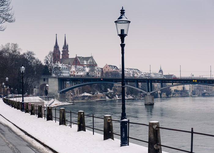 Basel Rhine River Bridge in Winter with Snow