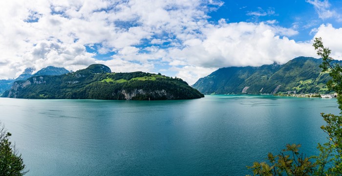 Lake Lucerne, Switzerland with Mountains and Island