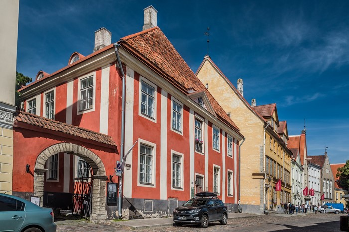 Tallinn, Estonia: Old Town Street with Striped Houses