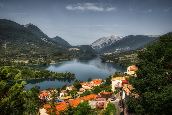 Barrea village on lake in Abruzzo, Italy mountains