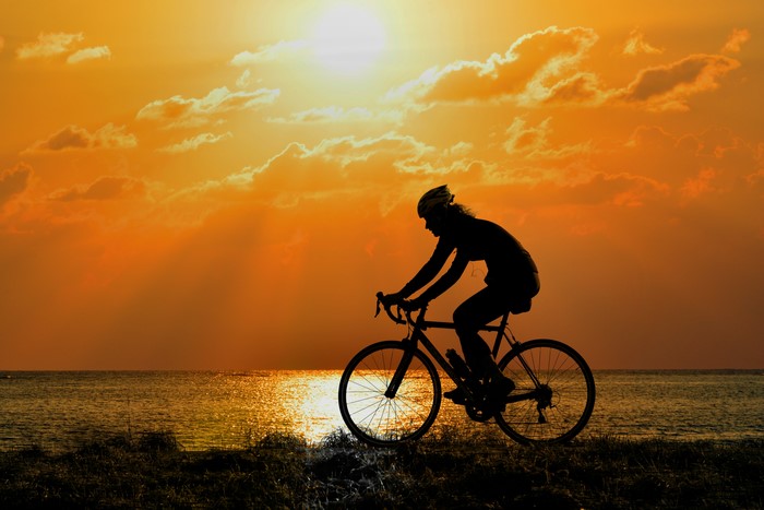 Silhouette of a person cycling by the sea at sunset