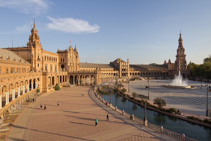 Plaza de Espana, Seville, Spain with Fountains and Bridges