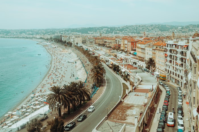 4K Nice France Coastline with Beach and Palm Trees