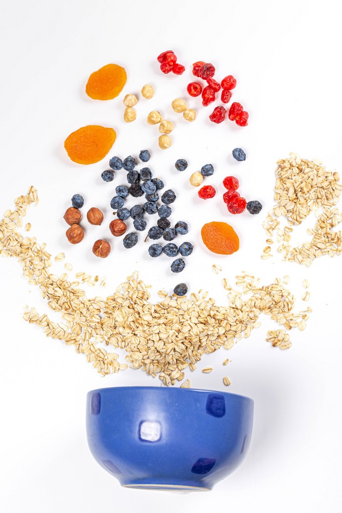 Oatmeal with blueberries, hazelnuts, and dried apricots