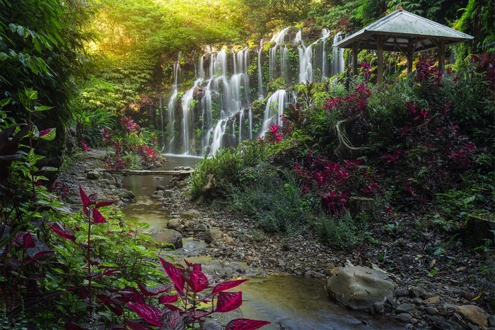 Waterfall in a tropical jungle with a gazebo