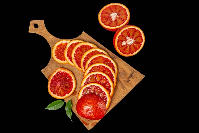 Blood oranges on a cutting board