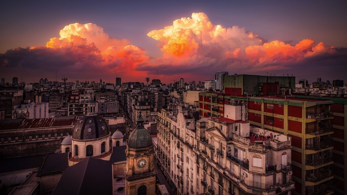 Buenos Aires cityscape with dramatic sunset clouds