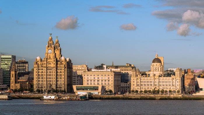 Liverpool skyline with Royal Liver Building and River Mersey
