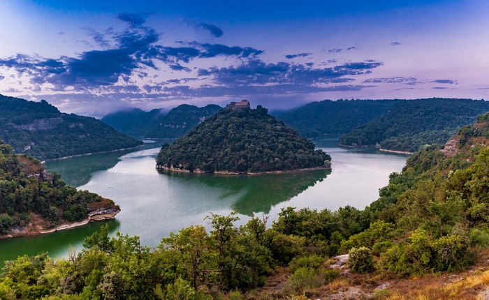 Sant Pere de Casserres Monastery on an island in a river, Catalonia, Spain