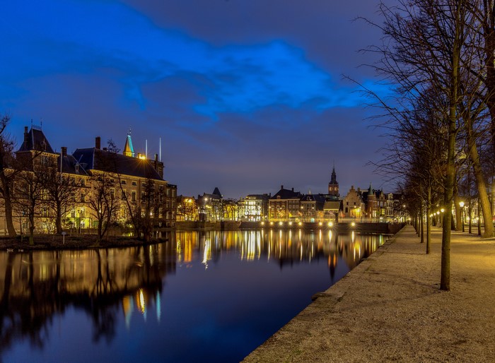 Hofvijver Pond in The Hague, Netherlands at Dusk