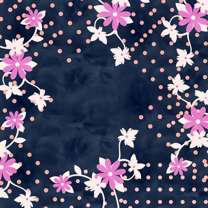 Floral pattern with polka dots on dark blue background