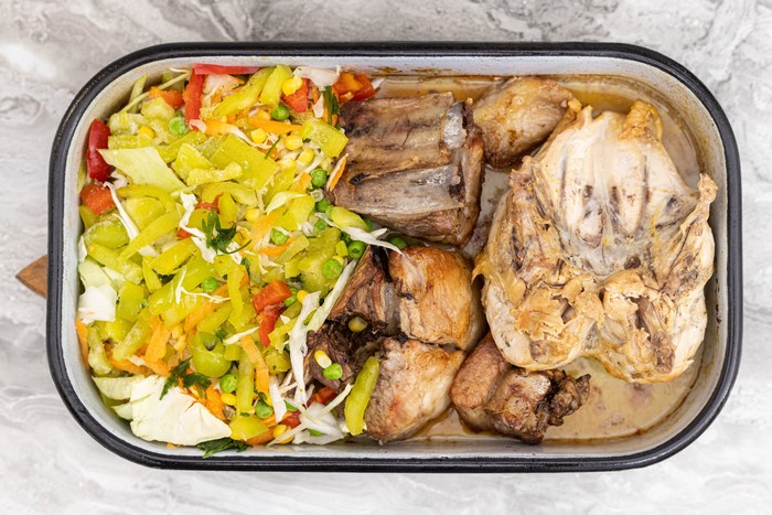 Roasted chicken and ribs with mixed vegetables