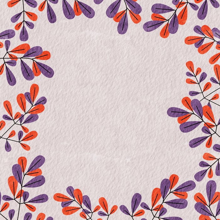 Floral Border with Purple and Orange Leaves on Textured Paper