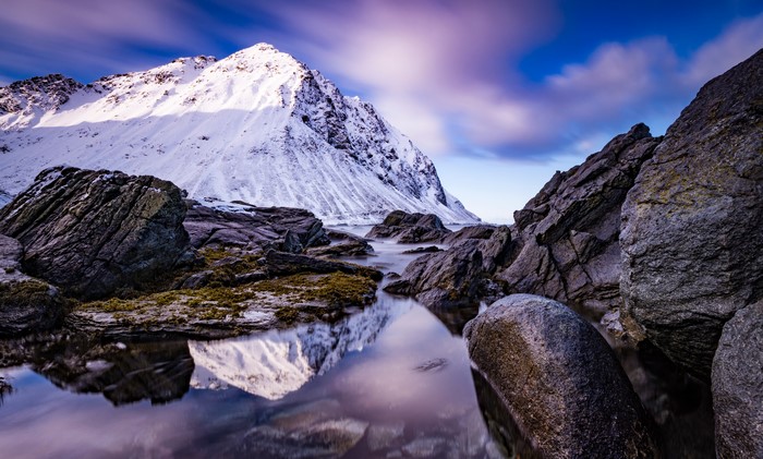 Snowy Mountains and Rocky Shoreline in Norway