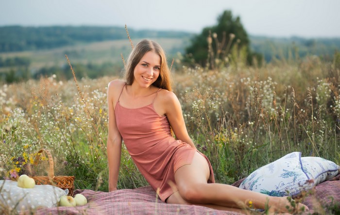 4K Outdoor Picnic with Smiling Woman in Dress
