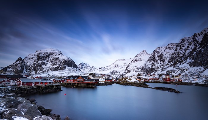 Norway Lofoten Mountains Village and Water