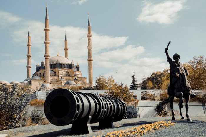 Selimiye Mosque, Edirne, Turkey with Cannon and Statue
