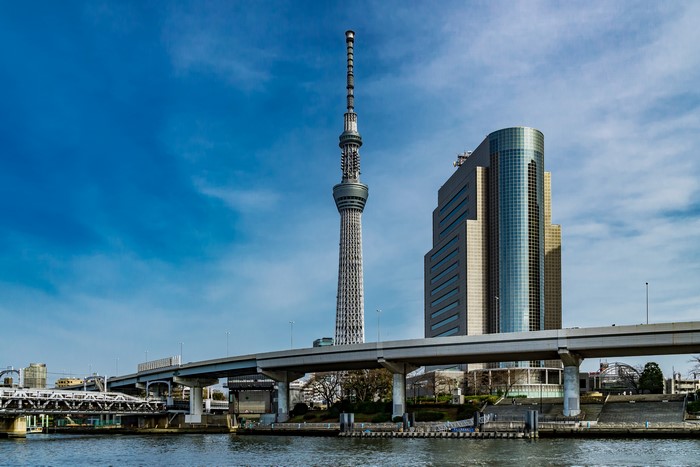 Tokyo Skytree and modern buildings over river