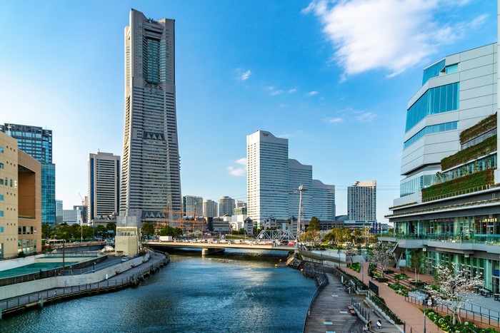 Yokohama cityscape with Ooka River and Landmark Tower