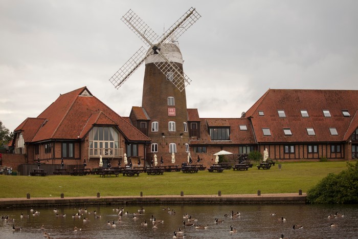 Mill with pond and ducks in Milton Keynes, England