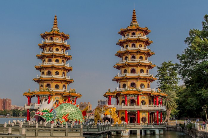 Dragon and Tiger Pagodas in Taiwan with sculptures