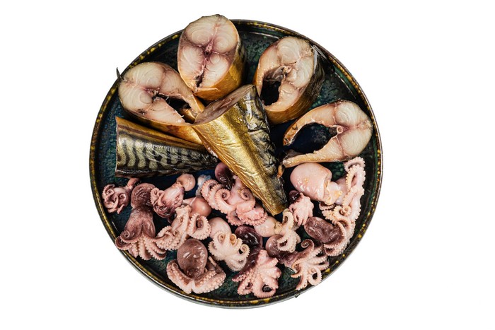 Smoked Mackerel and Baby Octopuses on a Plate