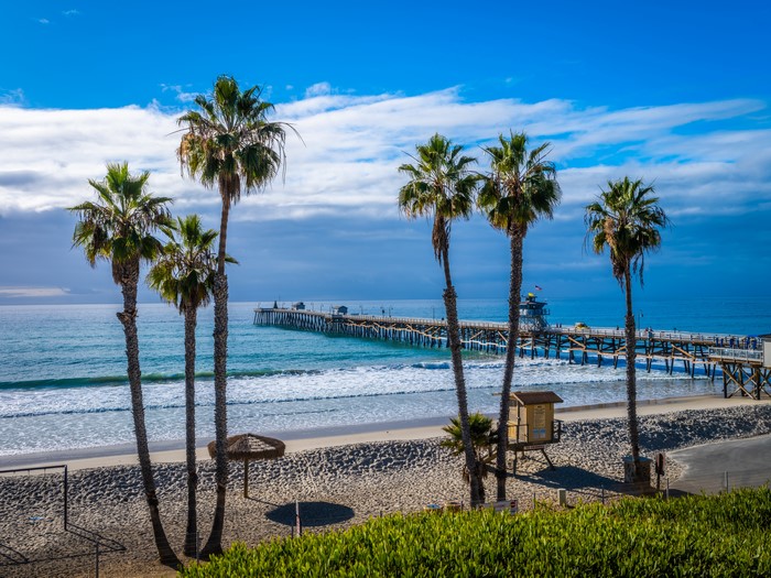 San Clemente Beach Pier with Palm Trees, California