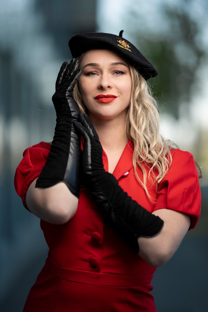 Aleksandra in Red Dress and Black Beret