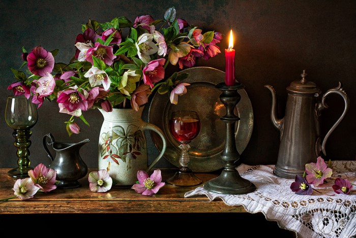 Still-life with Hellebores, Candle, and Wine