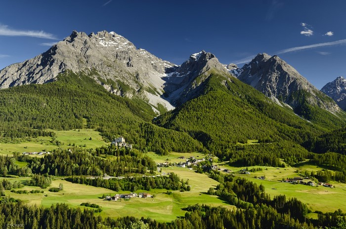 Tarasp Village and Mountains in the Swiss Alps