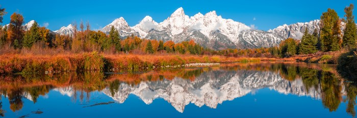 Grand Teton National Park Panorama with Mountain Reflection