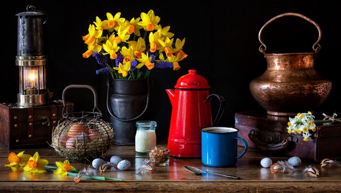 Easter Still-life with Daffodils, Eggs, and Vintage Items