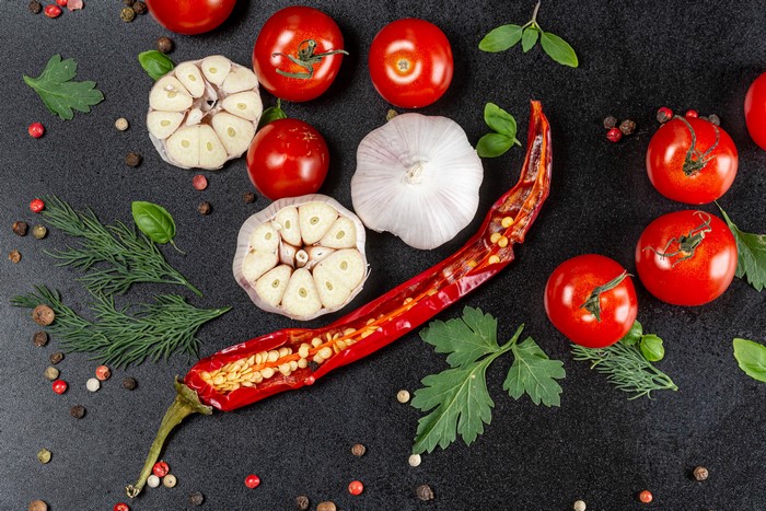 Tomatoes, Garlic, Chili Pepper, Dill, and Spices