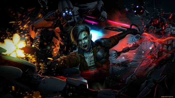 Woman fighting robots with guns and lasers