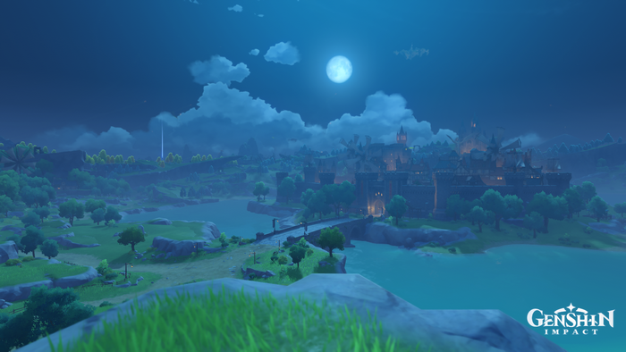 Genshin Impact landscape at night with a full moon