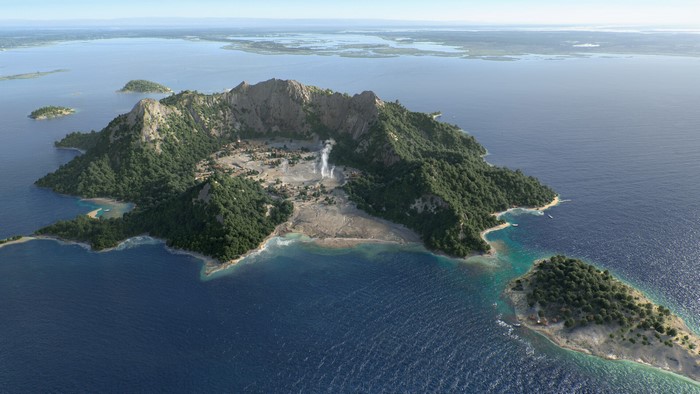 Fantasy island landscape with mountains and sea
