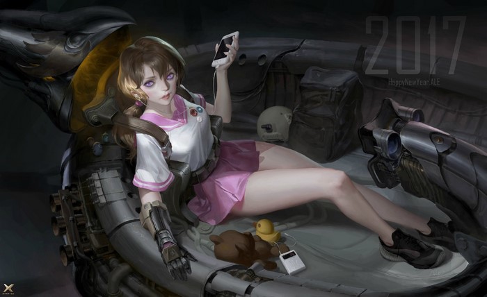 Girl in futuristic cockpit with toys and weapons