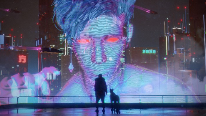 Giant Holographic Face Overlooking a Futuristic Cityscape