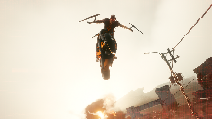 Cyberpunk 2077 character on a motorcycle mid-air
