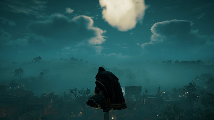 Eivor from Assassins Creed Valhalla on a rooftop at night