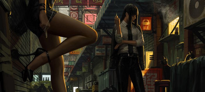 GUWEIZ Dark Alley Scene with Black Heels and Cats