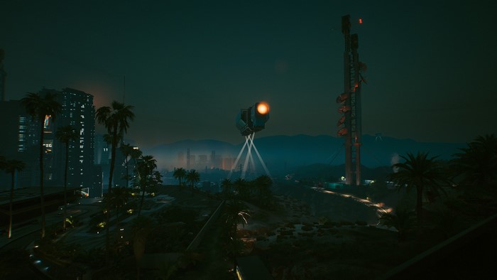 Cyberpunk 2077 cityscape at night with drone and tower