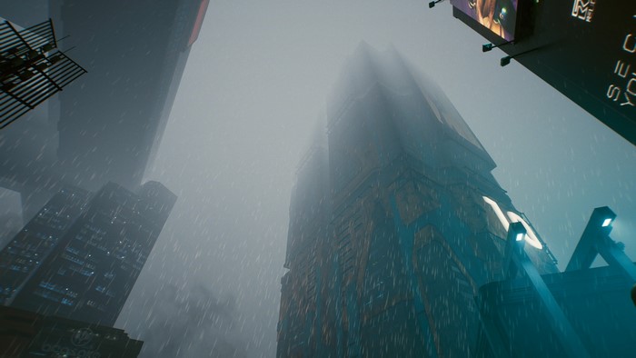 Cyberpunk 2077 skyscrapers in the rain