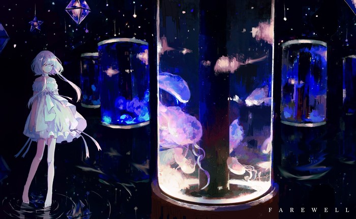 Anime girl in a dress with jellyfish tanks