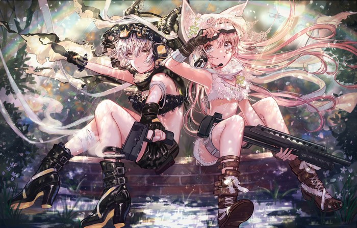 Anime girls with guns in forest