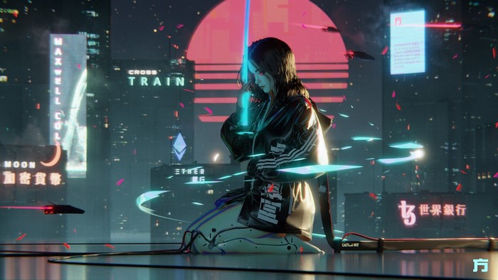 Cyberpunk woman with katana in neon city