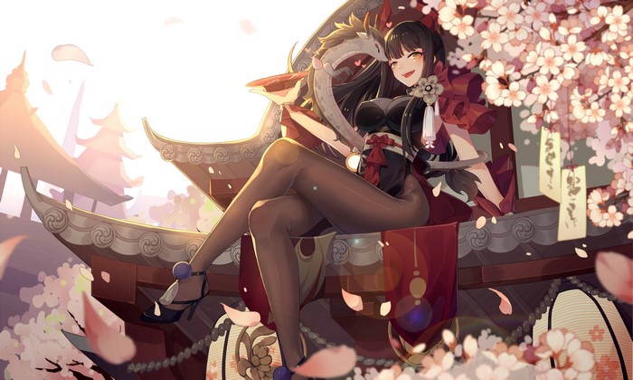 Anime girl with dragon and cherry blossoms