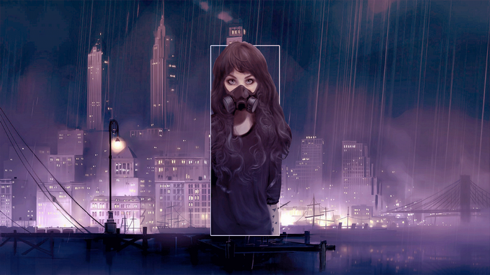 Woman with gas mask in rainy city