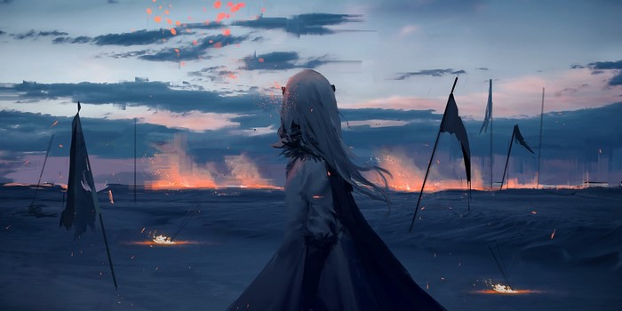 Anime girl in a desolate landscape with flags and fires